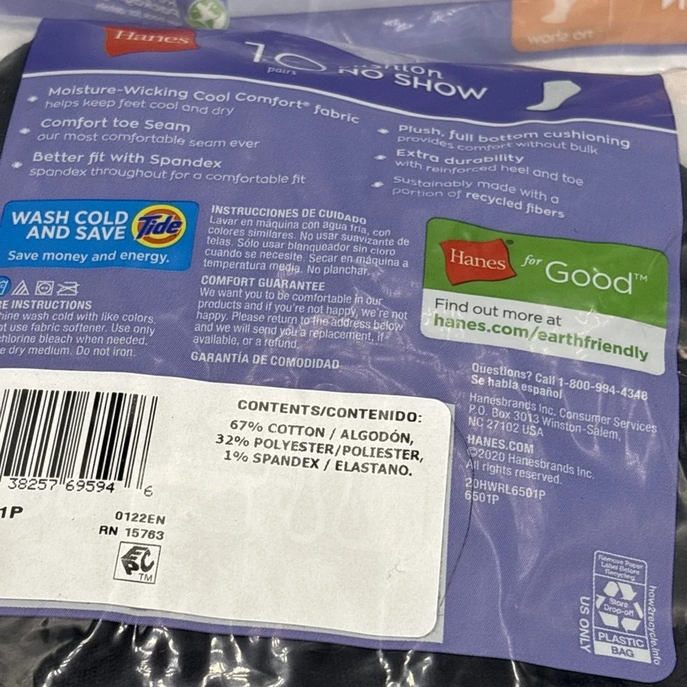 Hanes Womens Cushion No Show Socks Ecosmart 20 Pairs 8-12 Black 650/1P